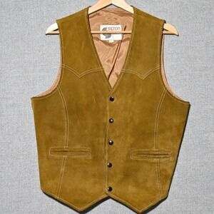 Silton Suede Leather Vest Mens Western Snap Front Large Tan USA Materials